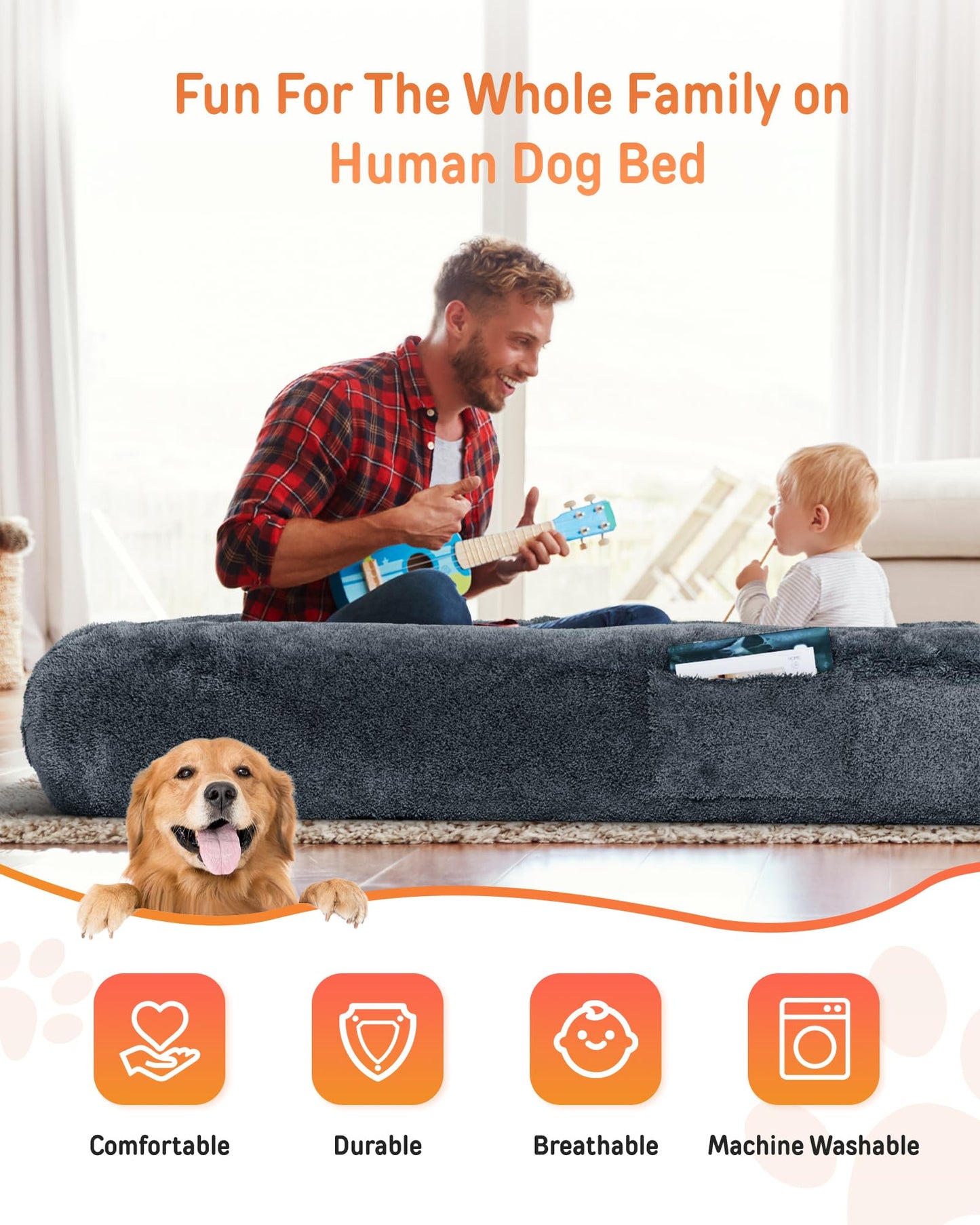 YEFU Human Dog Bed for Adult- Extra 79"x45"x12" Large Dog Beds - Human Size Dogs Bed Washable Faux Fur Cover - Orthopedic Foam Dogs Beds with for Sleep Nap in Bedroom Dark Grey