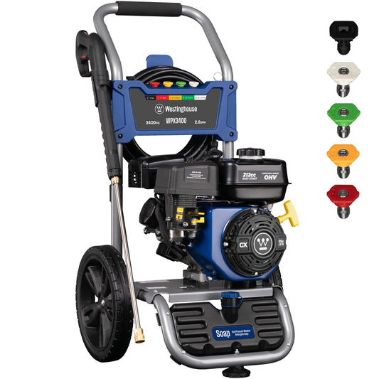 Westinghouse WPX3400 Gas Pressure Washer, 3400 PSI and 2.6 GPM, Onboard Soap Tank, Spray Gun and Wand, 5 Nozzle Set, for Cars/Fences/Driveways/Homes/Patios/Furniture