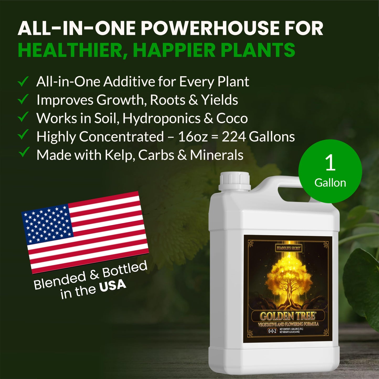 Humboldts Secret Golden Tree Liquid Plant Food | Enhances Growth Indoors or Outdoors | All-in-One Plant Nutrients for Vegetables, Trees, Flowers, Fruits, Roses, Lawns, Tomatoes | 1 Gallon