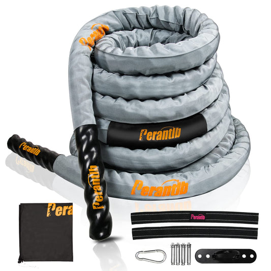 Perantlb Battle Rope with Cloth Sleeve -1.5/2 Inch Diameter 30' 40' 50' Lengths -Gym Muscle Toning Metabolic Workout Fitness, Battle Rope Anchor Strap Kit Included(2"x30ft)