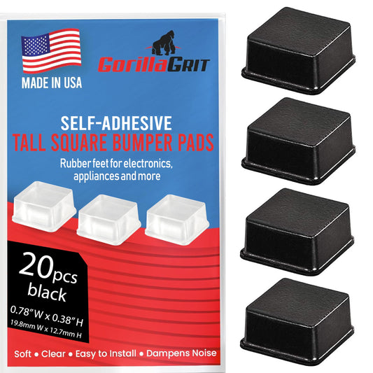 Black Tall Square Adhesive Rubber Bumper Pads - Made in USA – Rubber Feet for Speakers, Electronics, Furniture, Appliances, Audio Equipment - 20 Pieces