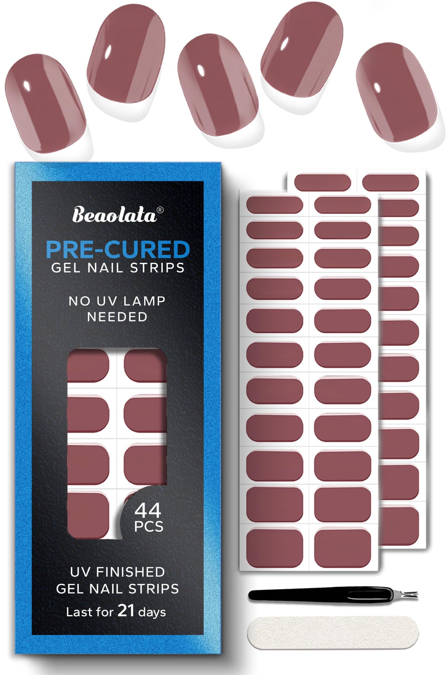 Beaolata Real Gel Nail Strips (No UV Light Needed) - 44Pcs Salon Quality Nail Stickers - Long Lasting Polish Wraps for Women, Easy Apply & Remove (Muted Rose Brown)