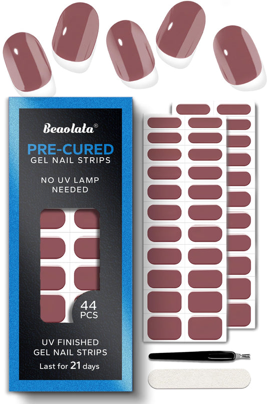 Beaolata Real Gel Nail Strips (No UV Light Needed) - 44Pcs Salon Quality Nail Stickers - Long Lasting Polish Wraps for Women, Easy Apply & Remove (Muted Rose Brown)