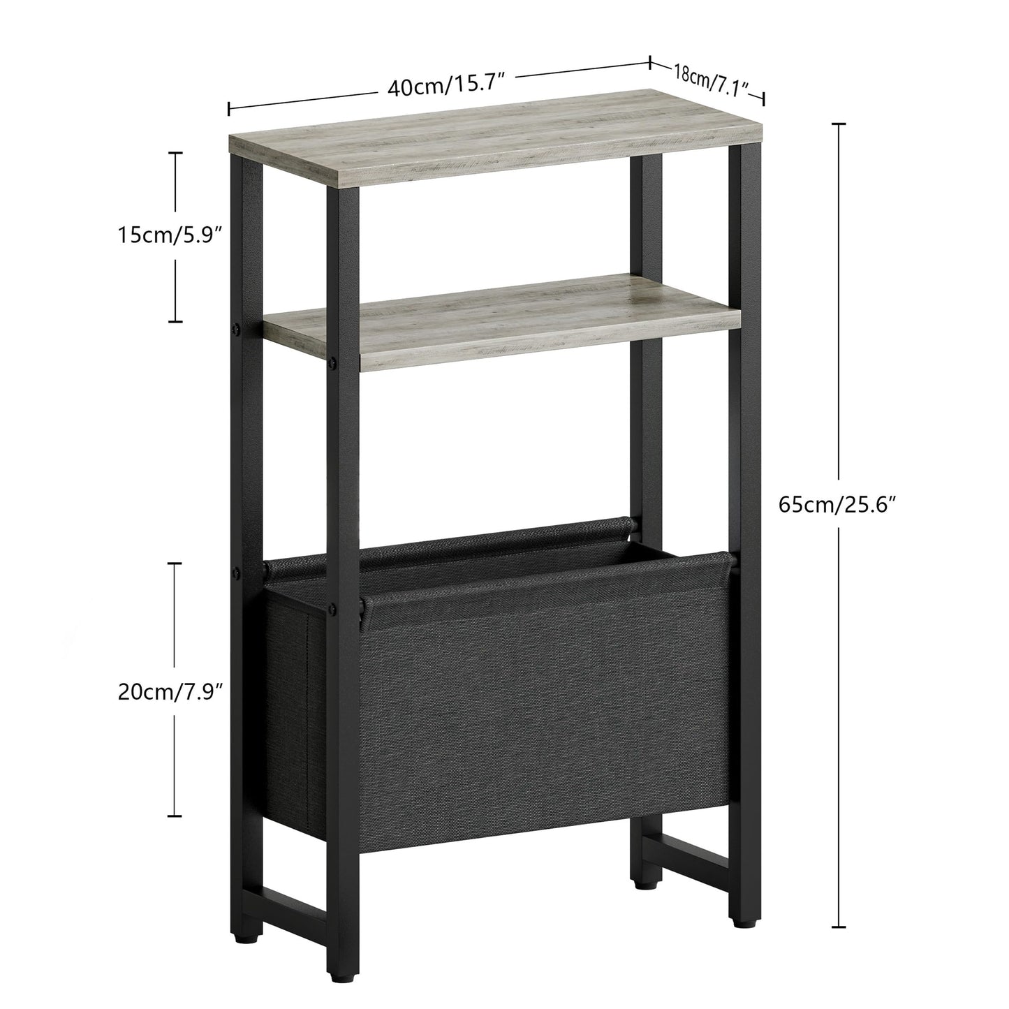 IRCPEN Narrow Side Table with Charging Station Slim End Table Sofa with Magazine Rack, Bedside Table for Small Spaces, 3 Tier Nightstand for Living Room Couch, Bedroom Oak Grey LET503QE