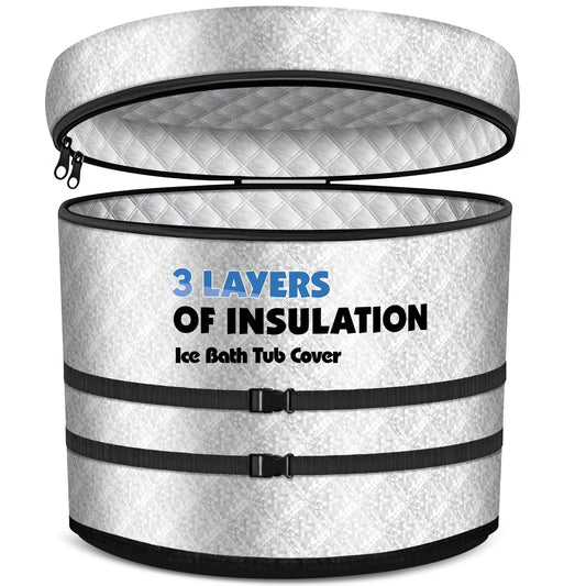 Ice Bath Tub Cover, 3 Layers Insulation and Silver UV Heat Reflective Cold Plunge Tub Cover with 2pcs Long Straps, Zip Up All Weather Protection, 32.5''D x 30.5''H