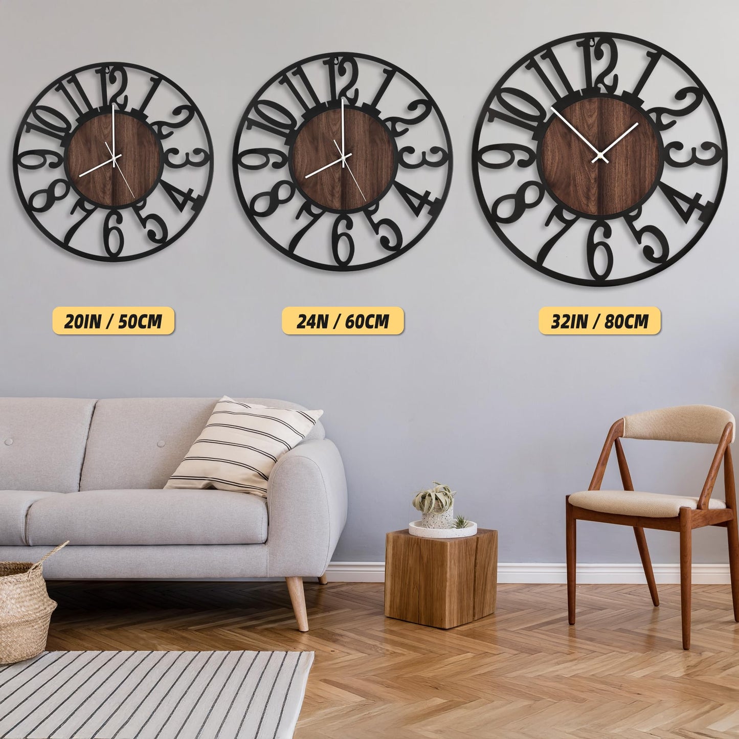 LEIKE Large Wall Clocks with Night Light Battery Operated,Silent Non Ticking,Rustic Modern Big Wood Clock for Living Room, Bedroom,Kitchen,Farmhouse,Office,Home Decor-24 Inch(Black-Arabic Number)
