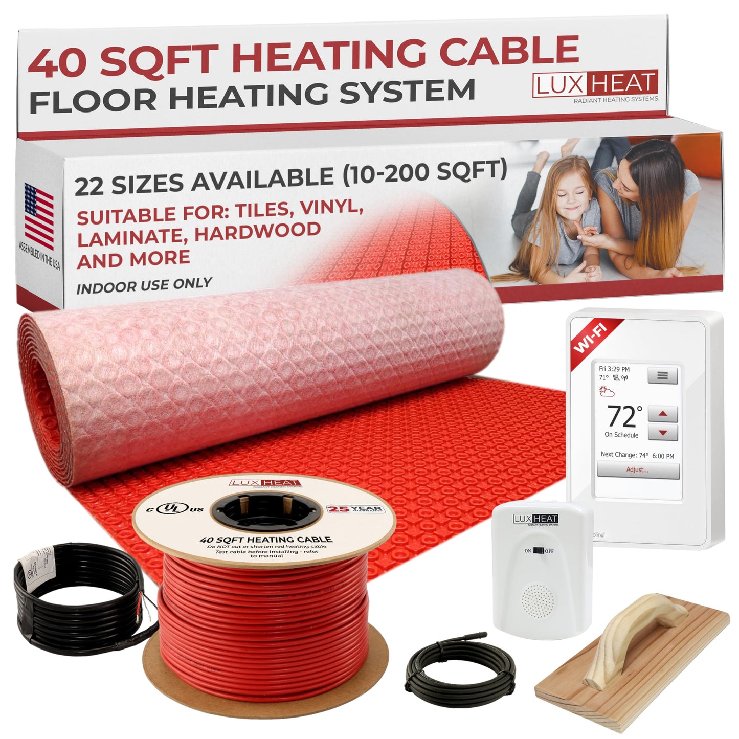 LuxHeat 40sqft Electric Radiant Floor Heating System - 120v Floor Heating System Under Tile Includes UWG4 WiFi Programmable Thermostat w/GFCI, Uncoupling Membrane, Cable, Monitor & Sensor