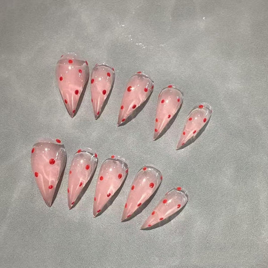 Handmade Press on Nails Red Polka Dot Fake Nails Designs Extra Curved Stick on Nail Full Cover Pink Eagle Claw False Nails Luxury Thicked Long Stiletto Acrylic Nail for Women (Size M)
