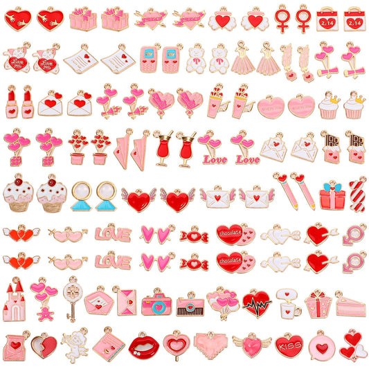 SANNIX 110Pcs Valentine's Day Charms Gold Enamel Jewelry Making Charm Pink Pendants for Valentines Bracelet Necklace Earrings Making
