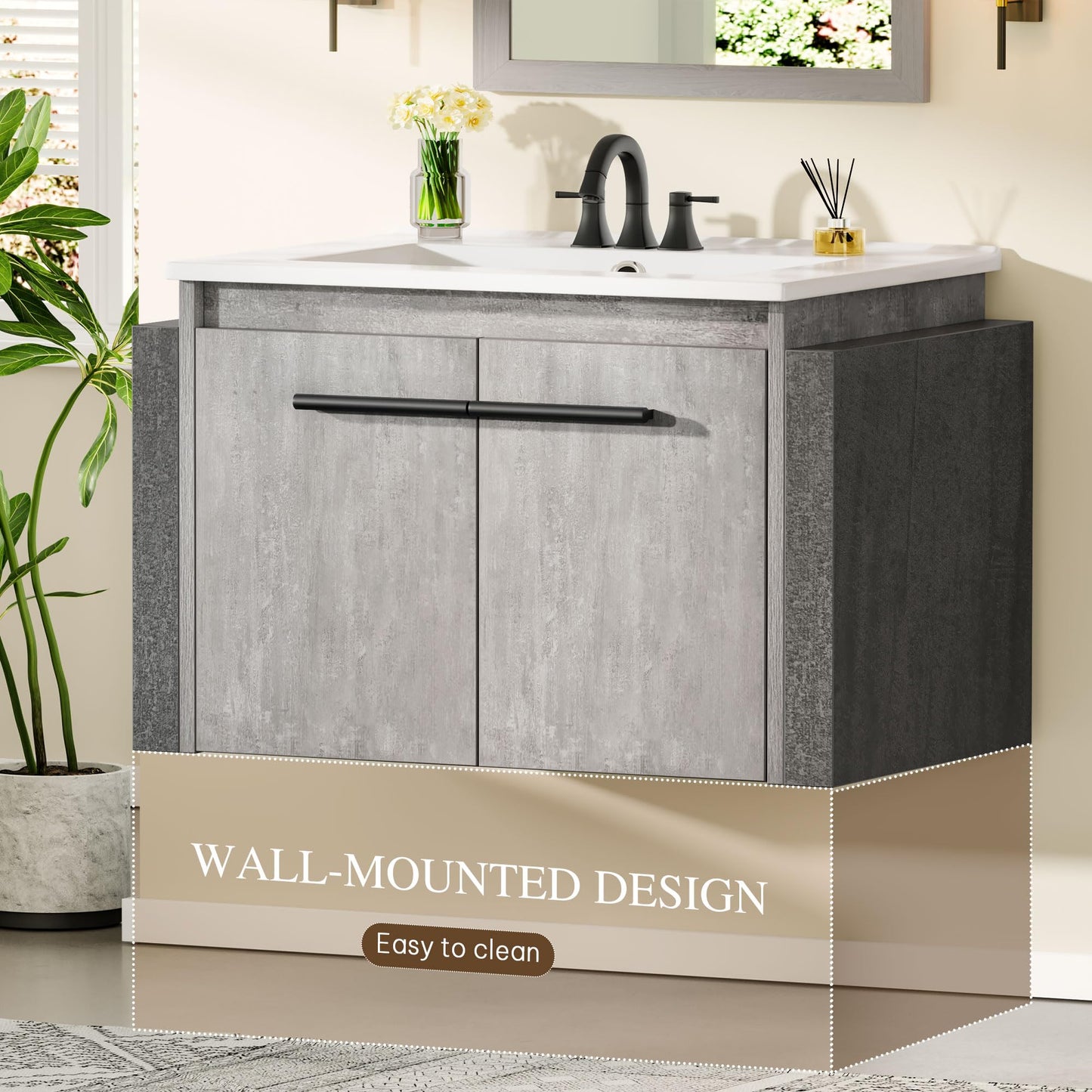 DWVO 24" Bathroom Vanity with Sink Combo, Wall Mounted Modern Bathroom Cabinet with Ceramic Sink, Large Storage Double Soft-Close Doors Cabinet Vanity, Grey