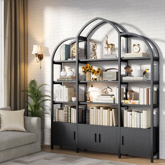 kepptory Tall Arched Bookshelf and Bookcase with 3 Cabinets, Triple Wide 5 Tier Industrial Etagere Open Bookshelf, Wood Book Shelf for Bedroom Living Room (Dark Black)