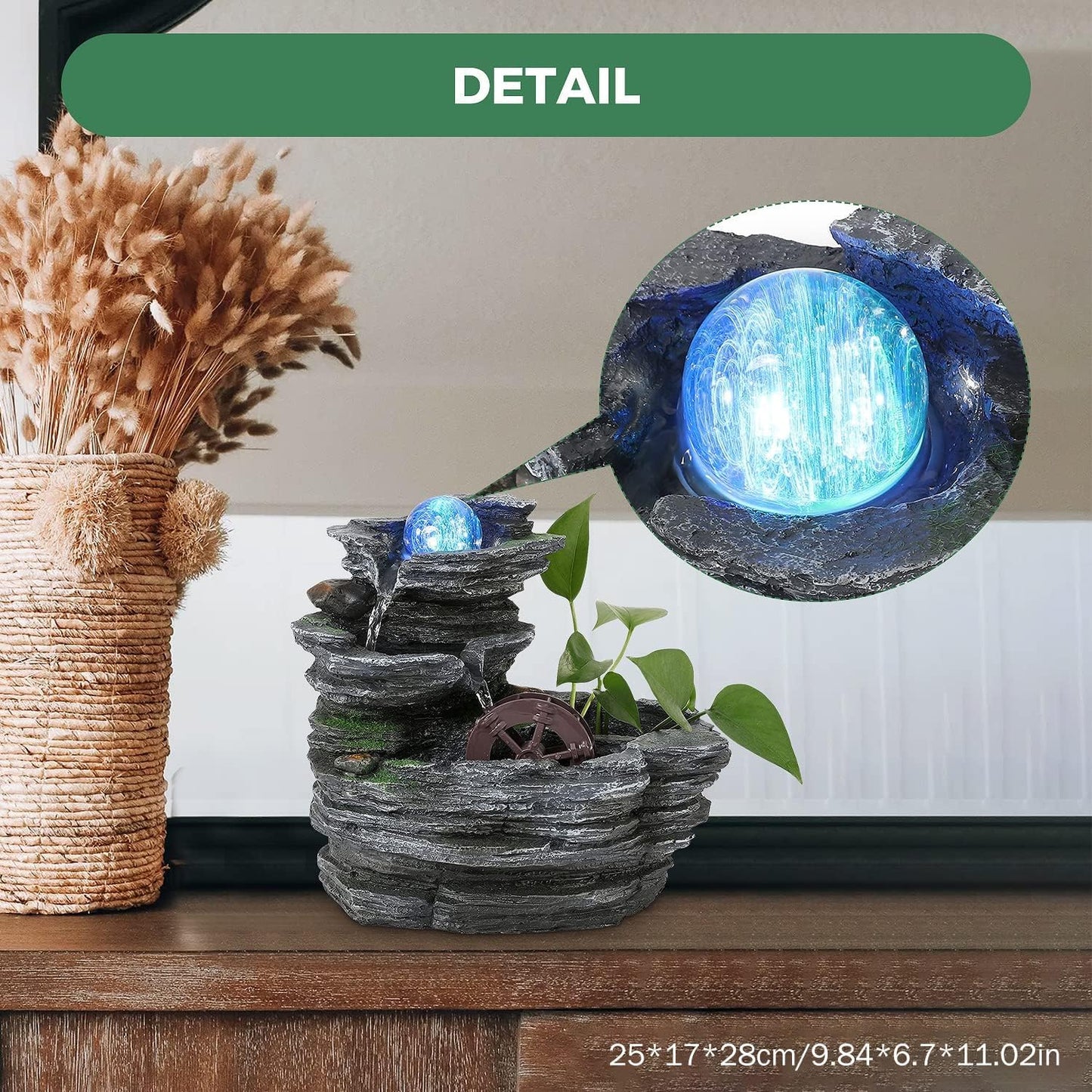 POWLAB Tabletop Water Fountain,Environmental Resin Meditation Waterfall,Desktop Fountain with Waterwheel,Indoor Waterfall Feature with Crystal Ball and Light for Home Office Decor Relaxation 10X7X11in