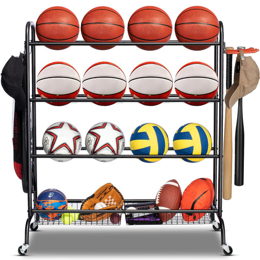 EXTCCT Basketball Rack, Outdoor Rolling Basketball Shooting Training Stand,Sports Equipment Storage with Wheels, Garage Four-layer ball Holder With Two Basket For Basketballs Footballs Volleyball