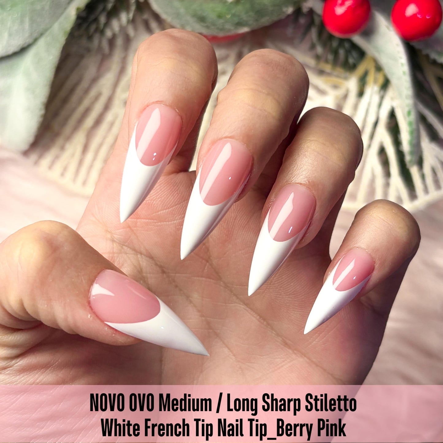 NOVO OVO White French Tip Sharp Stiletto Pointed Medium Long Nail Tips Press on Berry Pink, Soft Gel Fake Acrylic Extension, Full Cover False Nails for Salon DIY x 16 Sizes 160 pcs