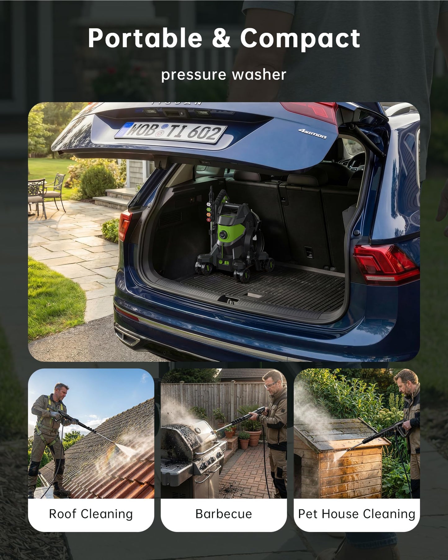 Pressure Washer, Power Washers with 4 Lockable Wheels,High Pressure Washers with Anti-tip Design, Foam Cannon for Cars/Fences/Driveways/Home Cleaning