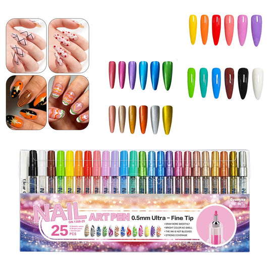 kander 24 Colors Acrylic Nail Art Pens Set, 0.5mm Fine Tip Waterproof Nail Paint Markers with Gloss Top Coat Pen, Regular & Metallic Colors for Nails Art DIY Drawing Design