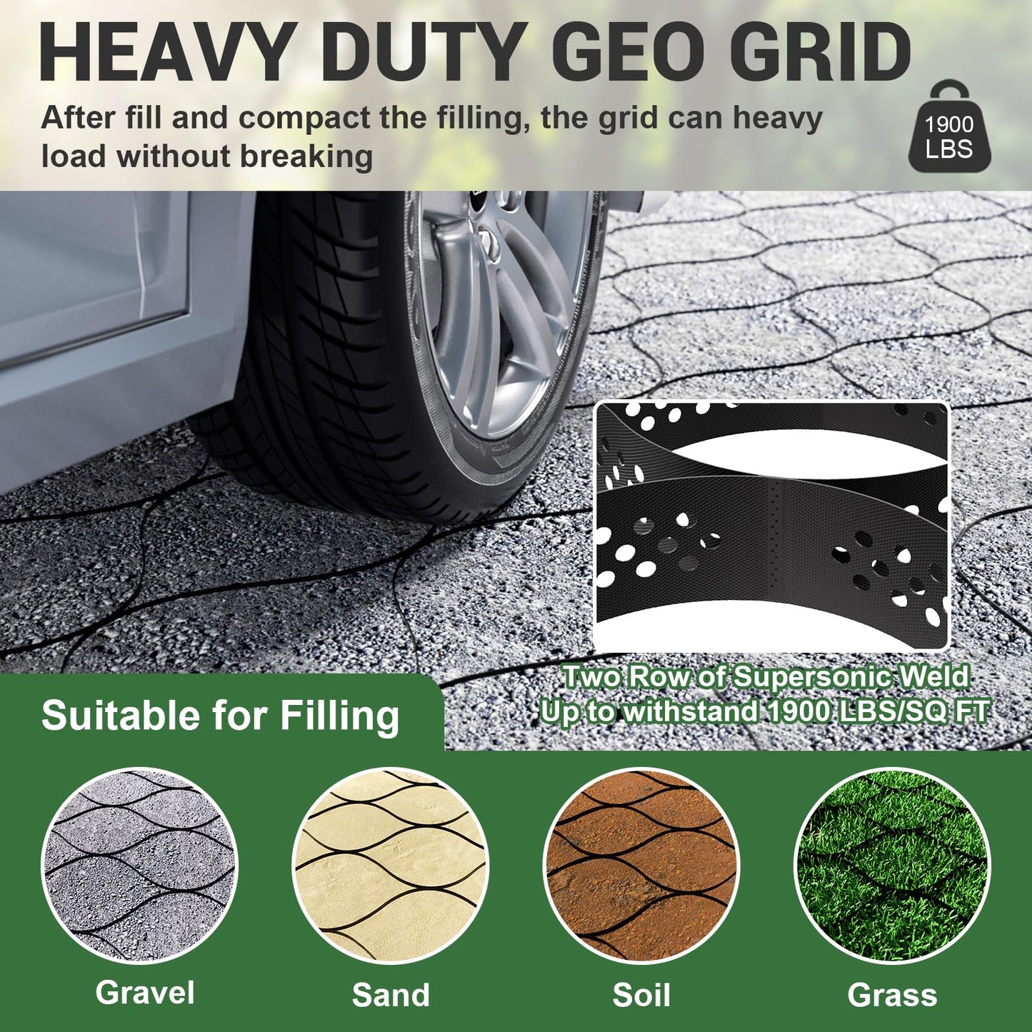 Gravel Grid 9x17.5 FT with 15Pcs Landscape Staples, 2'' Thick Geogrid Ground Grid 2200 lbs per Sq Ft Erosion Control Geo Grid for Driveway, Walkway, Horse Paddock, Patio, Parking Lot, Slope