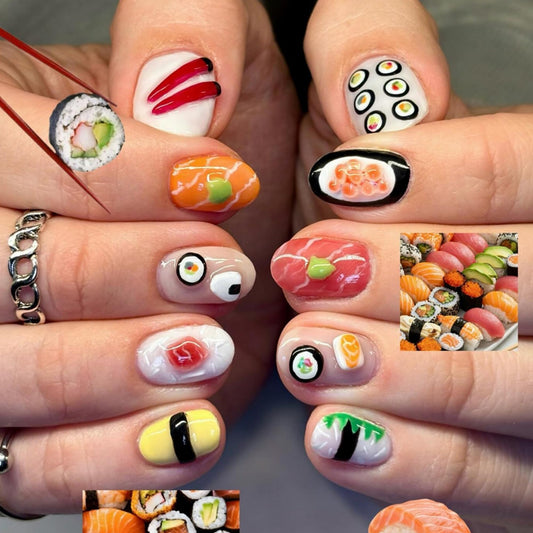 Octoswave 3D Sushi Press on Nails Short Oval Fake Nails Kawaii Japanese Food Design for Women Girls Cute Art Artificial Nails 24Pcs