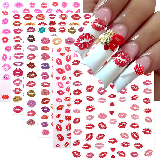 6 Sheets Valentines Day Nail Art Stickers Sexy Lip Nail Decals 3D Self-Adhesive Colorful Lips Nail Supplies Red Lip Heart Love Nail Design Pink Red Heart Lips Manicure Accessories for Women Nail Decor