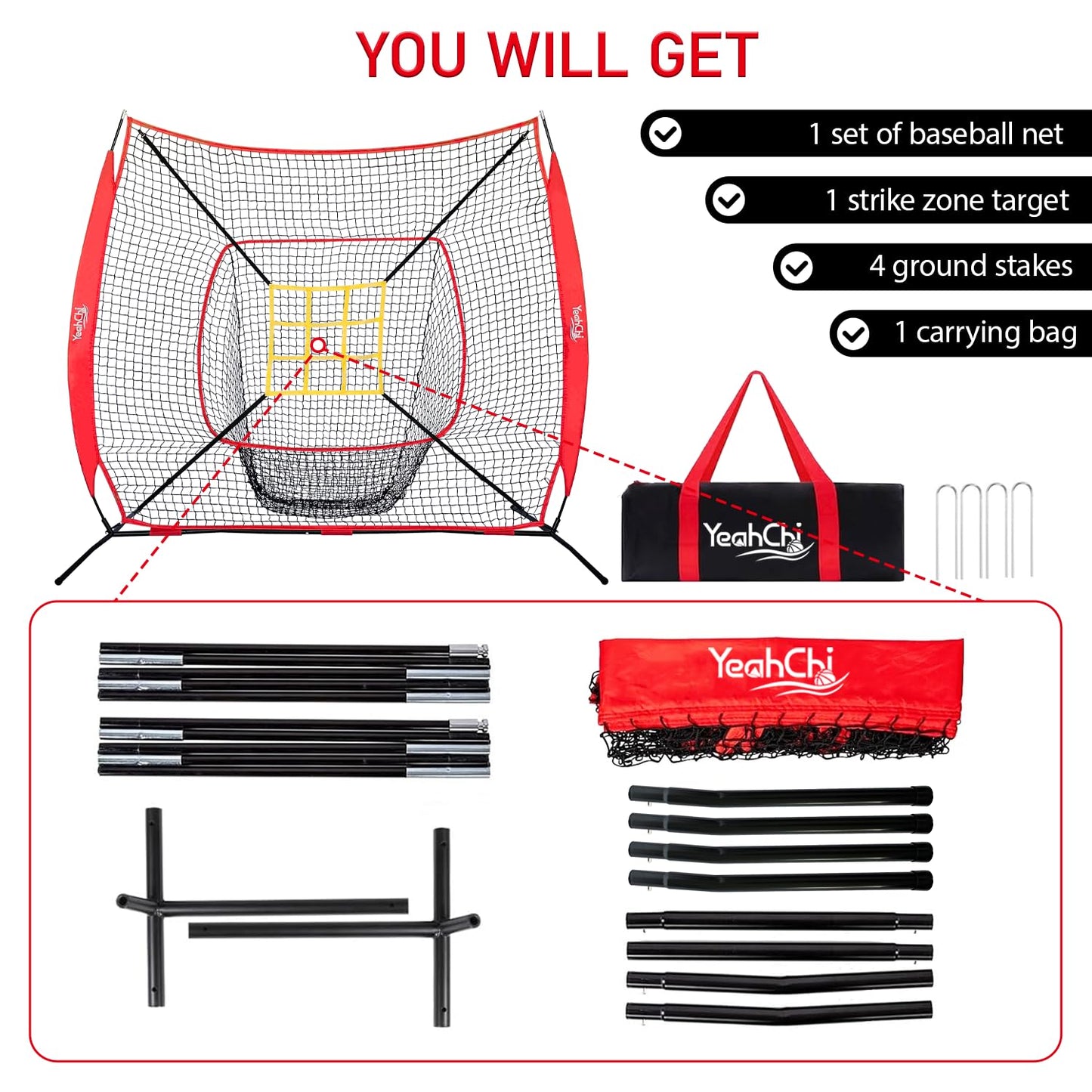 YeahChi 7×7FT Baseball net, Pitching net with Strike Zone Target, Baseball&Softball Practice net with Sturdy Bow Frame and Stable Base,Portable Practice net for All Ages and All Skilled Levels