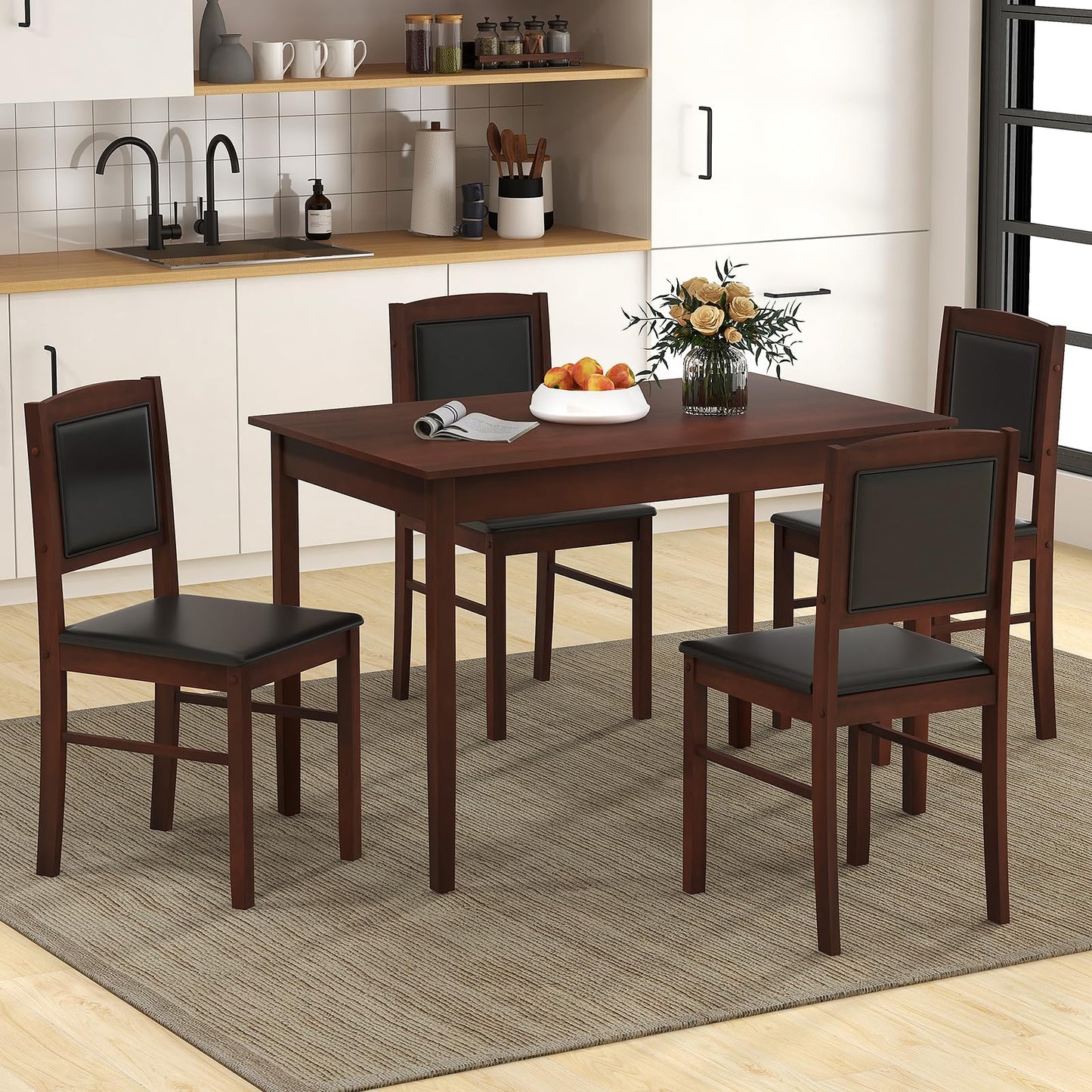 NAFORT 5 Piece Dining Table Set for 4, Farmhouse Solid Wood Kitchen Table Chairs Set of 4, Mid-Century Modern Dinette Set w/Upholstered Dining Chairs, 4 Seat Dining Room Table for Kitchen,Office