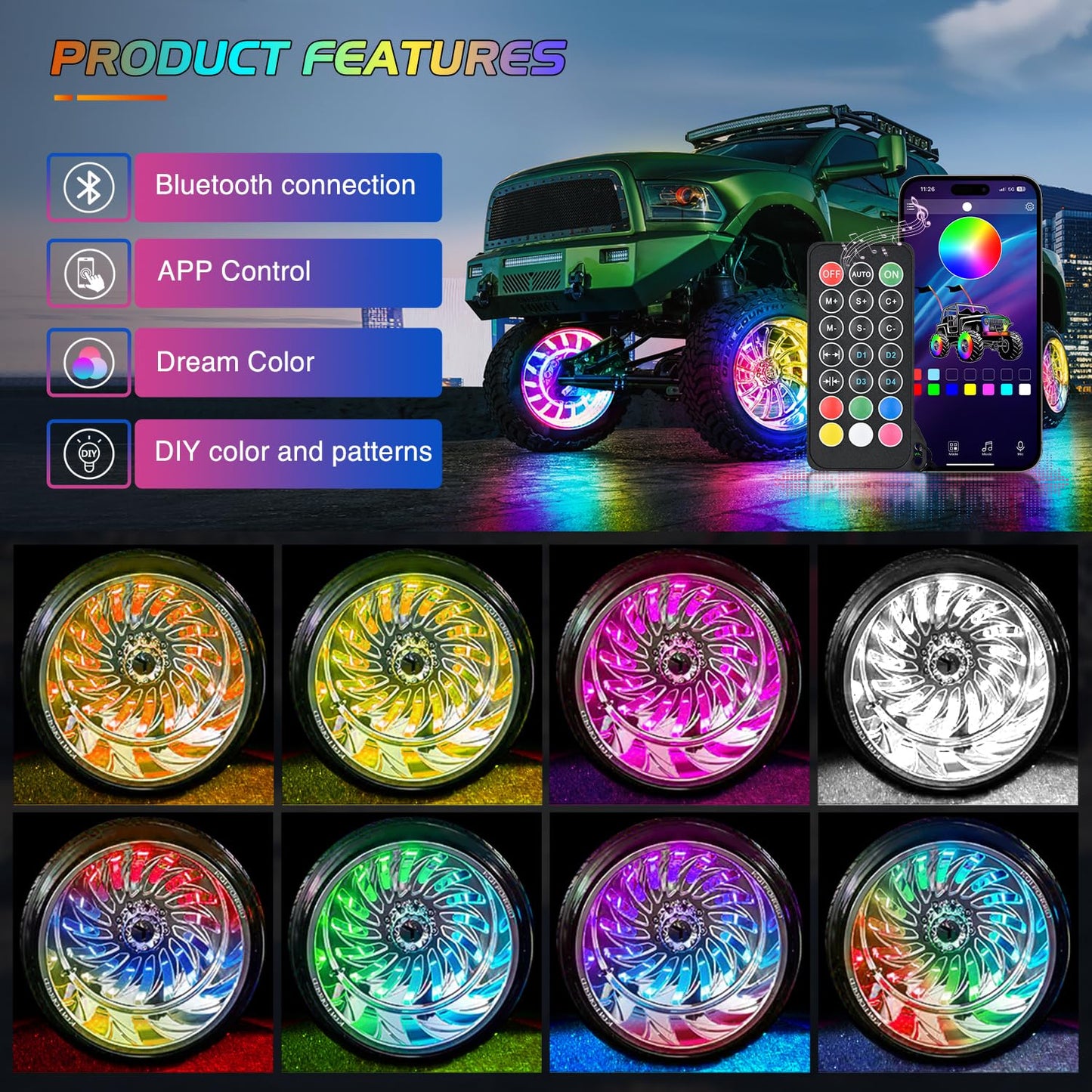 Nilight 4PCS 17.5inch Double Row Wheel Ring Lights Dream Color with APP and Remote Control Neon Lights w/Turn Signal and Braking Function Dual Row for Car Van SUV Truck