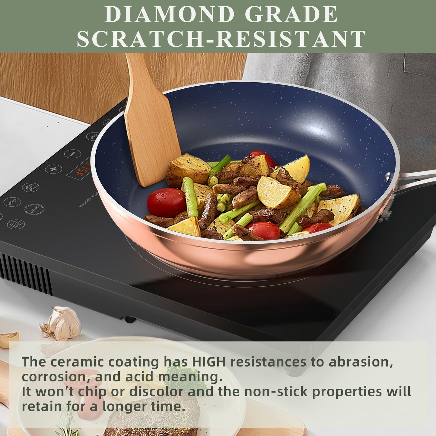 Nuwave 9pc Cookware Set Healthy Duralon Blue Ceramic Nonstick Coated, Diamond Infused Scratch-Resistant, PFAS Free, Oven Safe, Induction Ready & Evenly Heats, Tempered Glass Lids & Stay-Cool Handle
