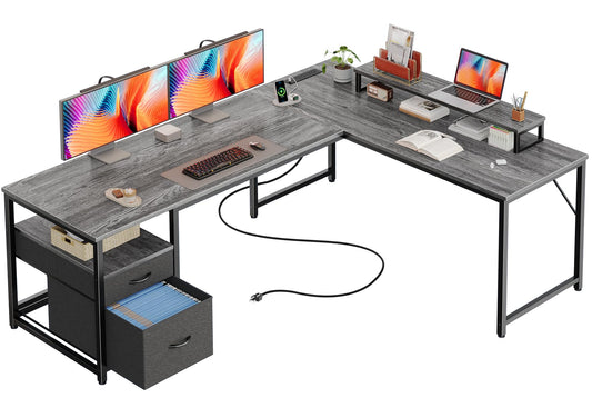 PRAISUN 63 Inch L Shaped Desk with Power Outlets and USB-C Port, Computer Corner Home Office Desk with File Fabric Drawers and Movable Monitor Stand, Larger Storage, Gaming, Writing, Work, Grey