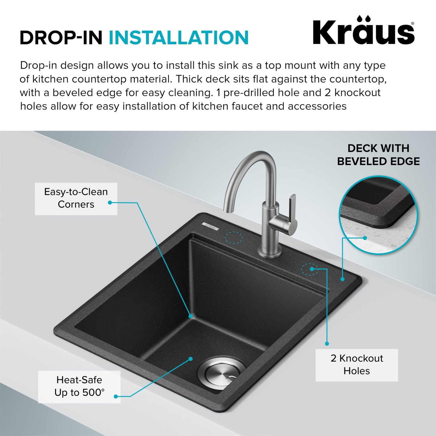 KRAUS Bellucci 18-inch Granite Workstation Drop In Top Mount Single Bowl Kitchen Sink in Metallic Black with Accessories, KGTW12-18MBL