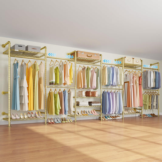 Timate F6 Wall Mounted Clothes Rack - Expandable Industrial Pipe Closet System, Heavy Duty Hanging Garment Rack, Closet Organizer & Storage Solution for Wardrobe, Bedroom,Walk-in Closets,Gold