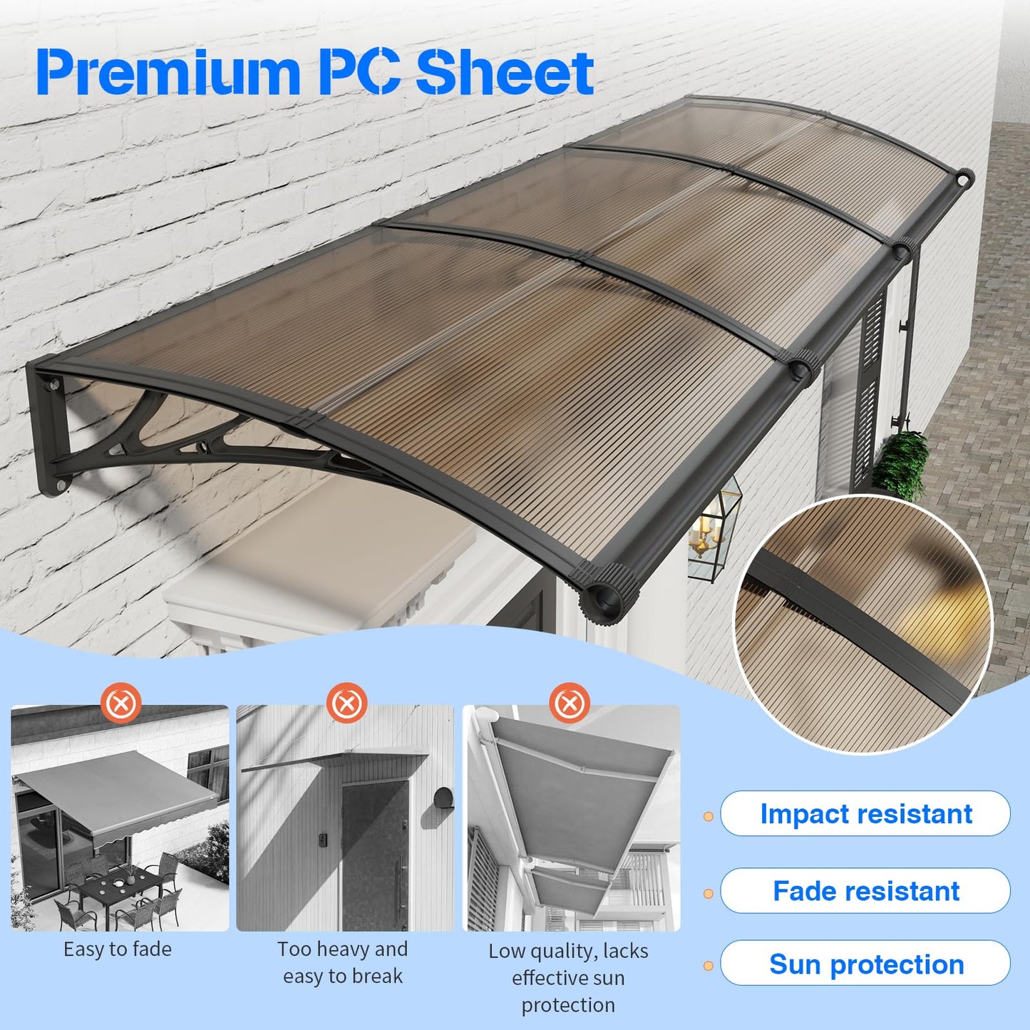 Awning for Door Entrance with Drainage Sink,32x80 Inch Awnings for Doors,Window Canopy Exterior with Plastic Steel Bracket,Polycarbonate Cover,UV,Rain,Snow Protection for House,Porch,Patio,Deck