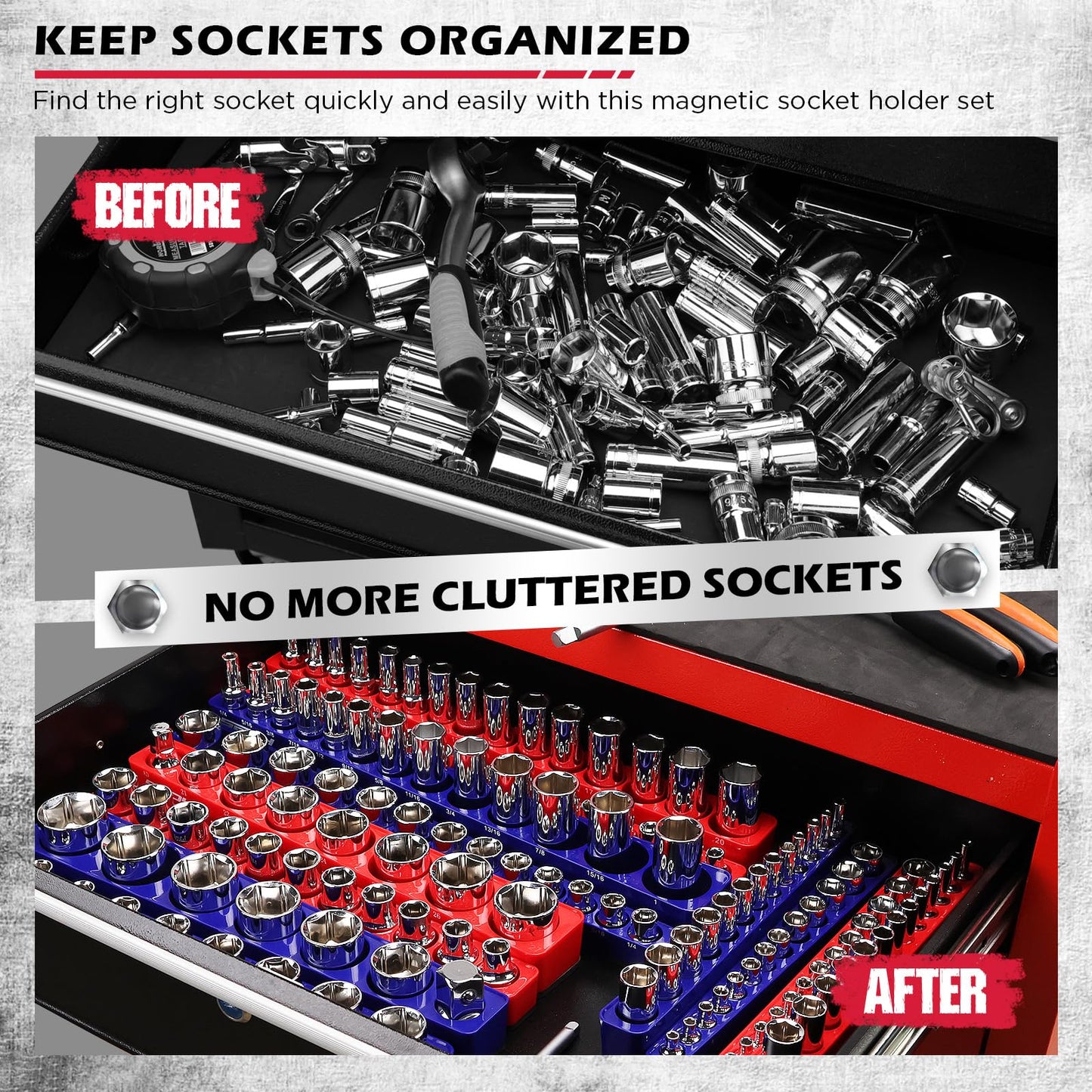 12-Piece 1/4" 3/8" 1/2"-Drive SAE & Metric Magnetic Socket Organizer Set (Holds 143 Sockets) -Detachable Tool Tray with 5mm Magnetic Base for Garage/Home(Sockets Not Included)