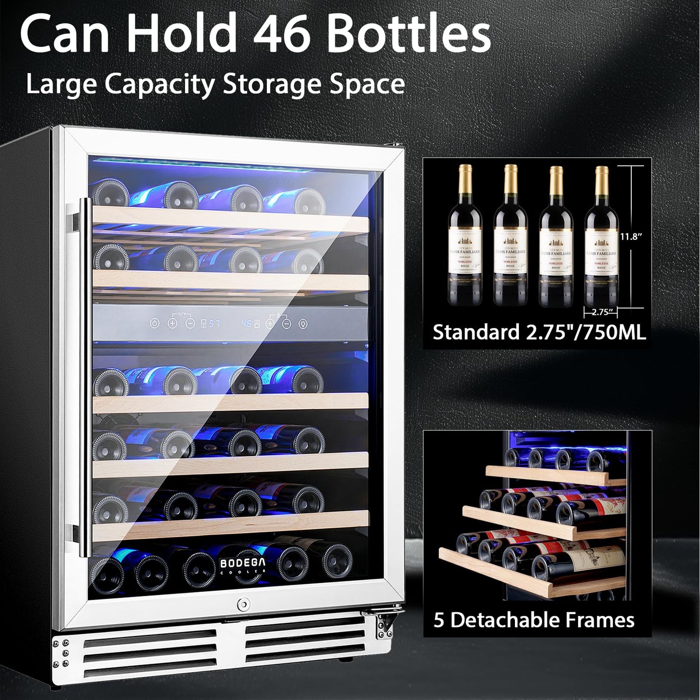 BODEGA 24 Inch Dual Zone Wine Fridge, 46 Bottle, Black 24” Wine Cooler Under Counter For Home and Kitchen, With Double-Layer Glass Door, Wine Refrigerators Free standing with Temperature Control.