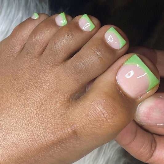 MISUD Toe Press on Nails - Fake Toenails with Green French Tip, Acrylic Toenail Glossy Design 24 pcs