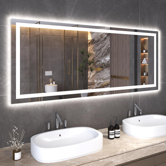 Snowdool 60"X24" LED Bathroom Mirror with Front Lights and Backlit, Anti-Fog, Dimmable, Shatter-Proof Tempered Glass, Lighted Bathroom Vanity Mirror for Wall with 3 Colors, Memory Function