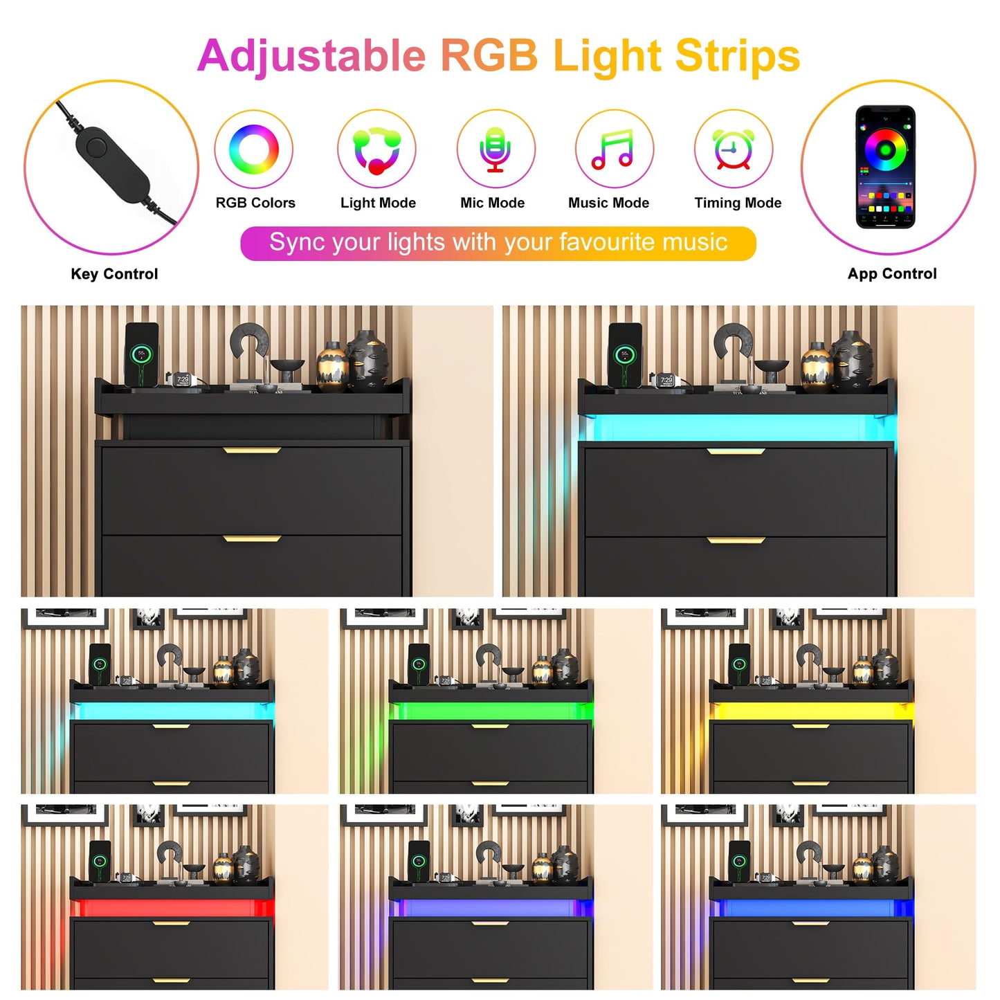 knoworld Black Dresser with LED Lights, Wooden LED Dresser, 4 Drawer Chest with Charging Station, Tall Chest of Drawer Closet Organizer for Bedroom, Living Room, Entryway, Hallway