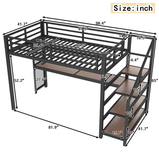 Bellemave Twin XL loft Bed with Storage Stairs, Shelves, Metal Twin XL Loft Beds with LED Lights, USB Ports, Multifunctional Iron Nets for Adults, Kids, Teens, Black