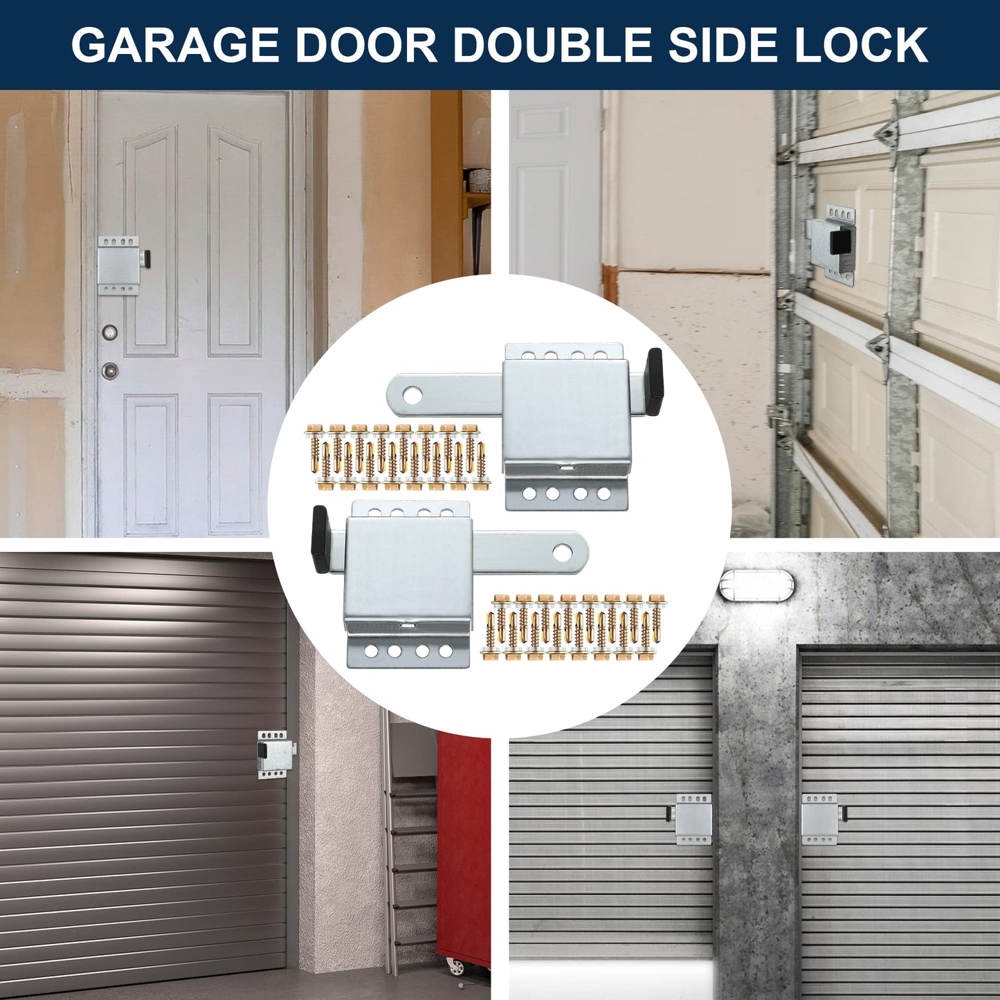 8 Pack Garage Door Side Lock with Self Tapping Screws, Heavy Duty Inside Deadlock Dual Side Lock Part, Galvanized Steel, for Door Security Slide Latch Assembly Replacement, Black PVC Handle Cover