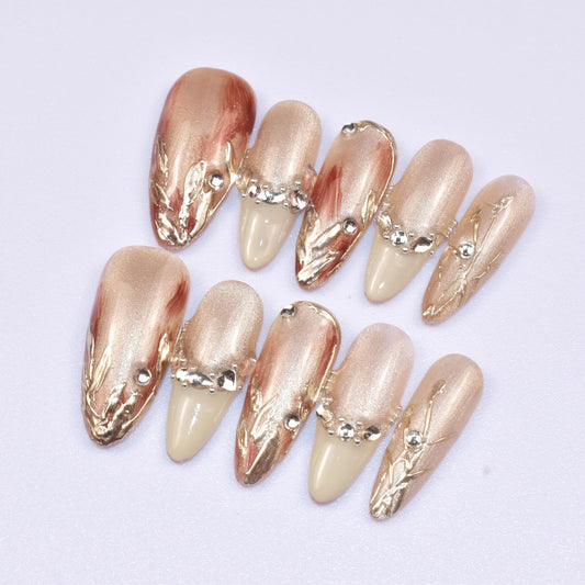 LIFOOST Handmade Nails Press On Long French Style Giltter Cat Eye False Nail Tips with Bright Crystal Silver Leaves Design Stick On Nails 10 Pcs, Size Medium