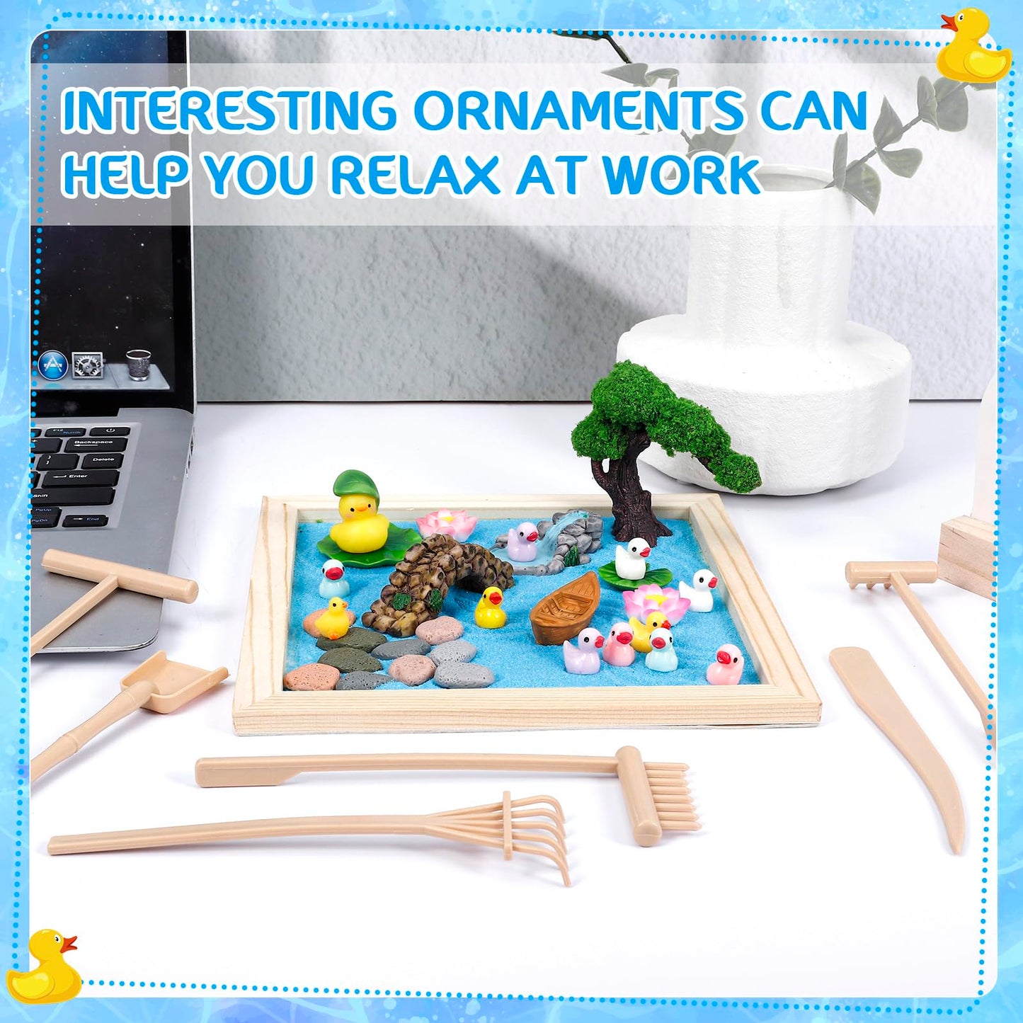 Angirlish 43PCS Zen Garden Kit for Desk, Mini Sandbox Set Gifts Included Wooden Tray Sand Tools Mini Resin Ducks and Accessories, Sand Tray Therapy for Meditation Room Office Home(Duck)