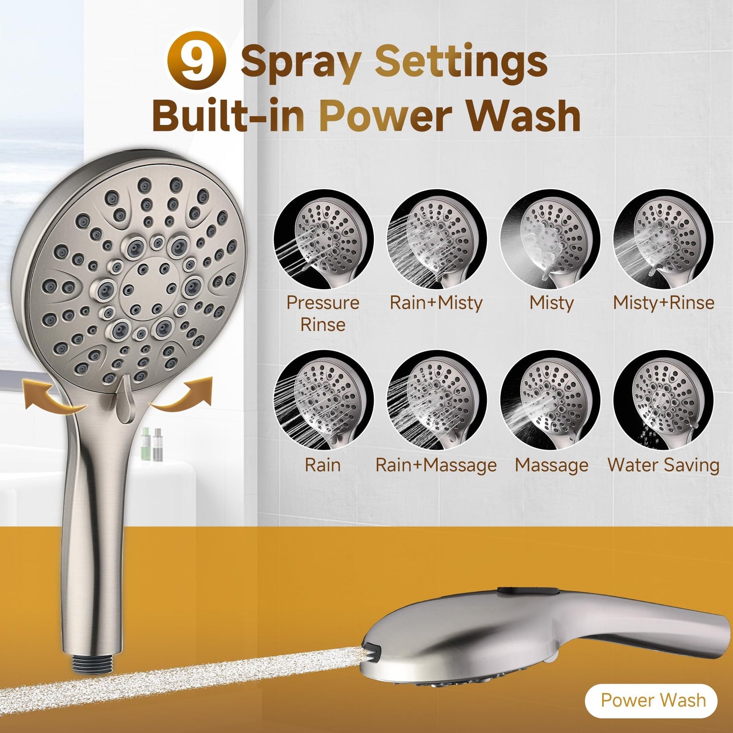 BRIGHT SHOWERS Rain Shower Heads System - 9 Inch Rainfall Shower Head and Handheld Shower Head with Height Adjustable Holder, Solid Brass Rail and 60" Long Stainless Steel Shower Hose, Brushed Nickel