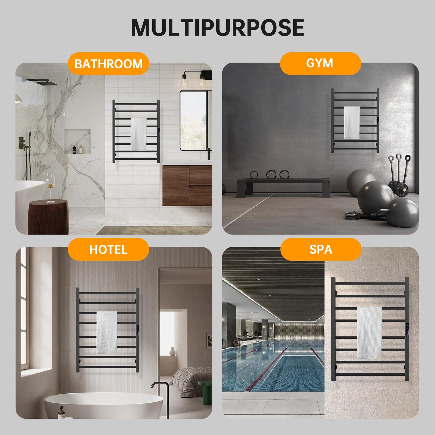 AquivaCoast Towel Warmer Rack, Heated Towel Racks for Bathroom, Wall Mounted Towel Warmer, Stainless Steel 8-Bars Drying Rack with Intelligent Touch Screen Timer, Matte Black