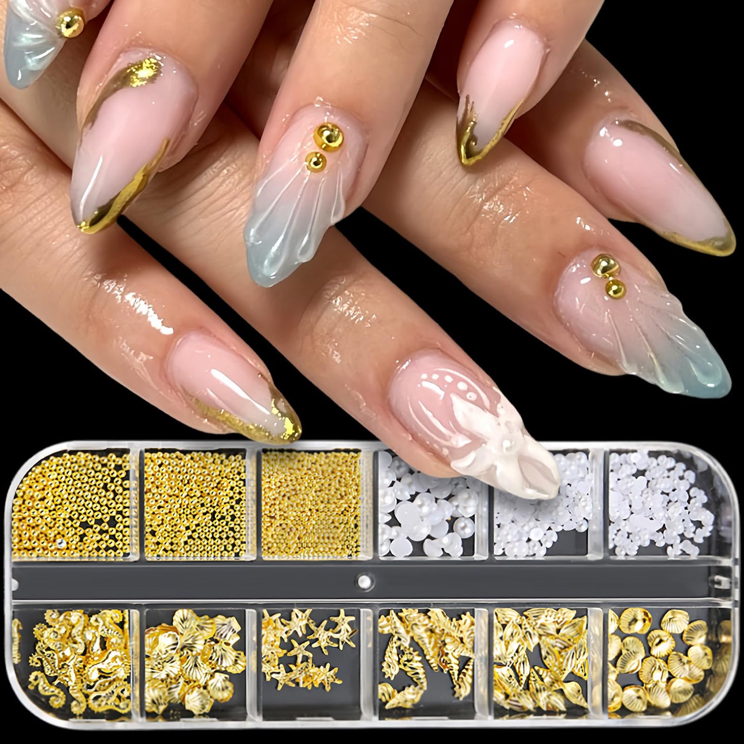Summer Nail Charms 3D Steel Studs Metal Art Charms Pearls Seashell Starfish Gold Nail Rhinestones Ocean Theme Designs Conch Alloy Nail Rivets Caviar Beads Nail Supplies for Women Manicure 12 Grids