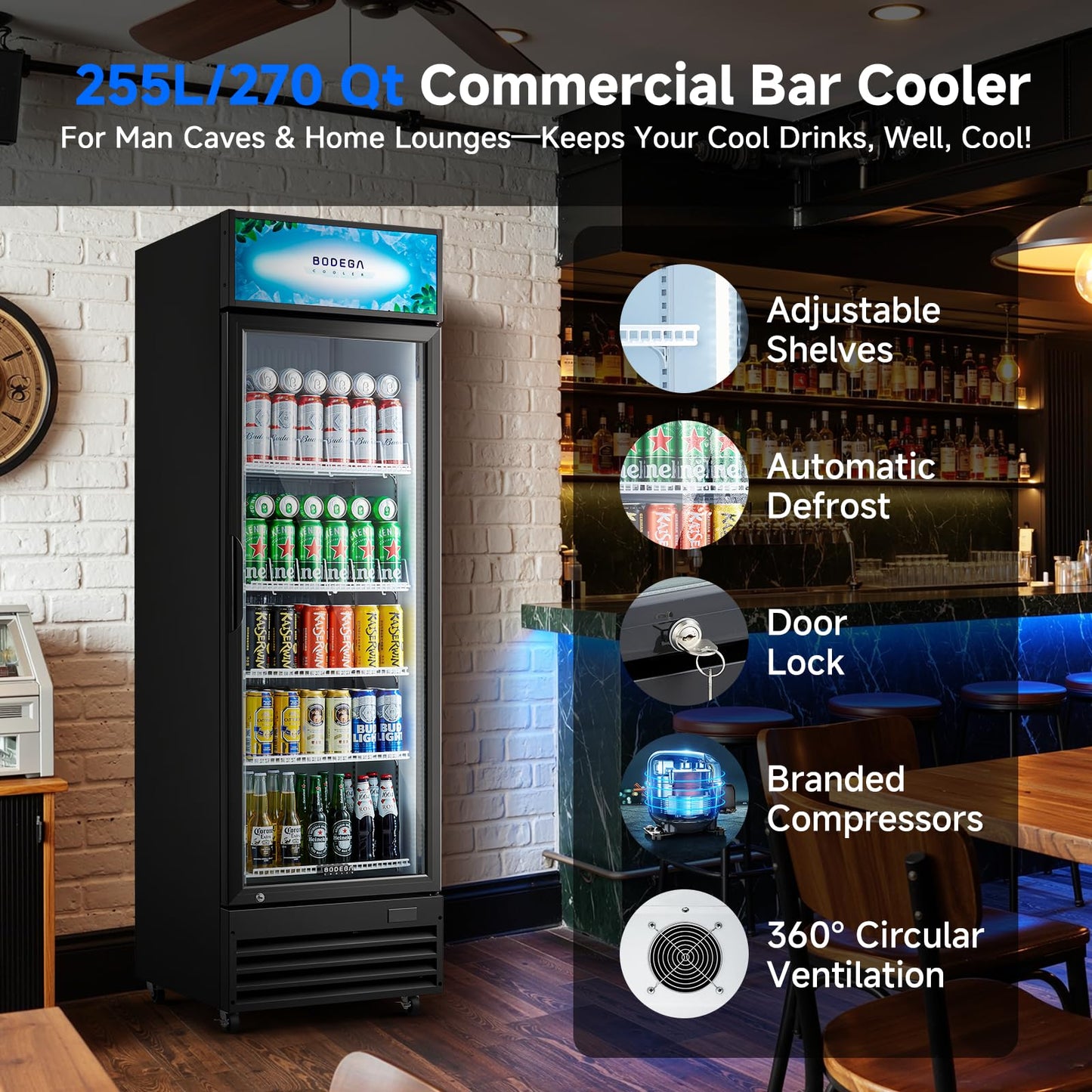 BODEGACOOLER 255L/270 Qt Commercial Beverage Refrigerator | Glass Door Merchandiser Fridge with LED Light, 32°F-50°F Temp, Energy-Saving & Magnetic Seal, 4 Adjustable Shelves for Bar/Office/Kitchen