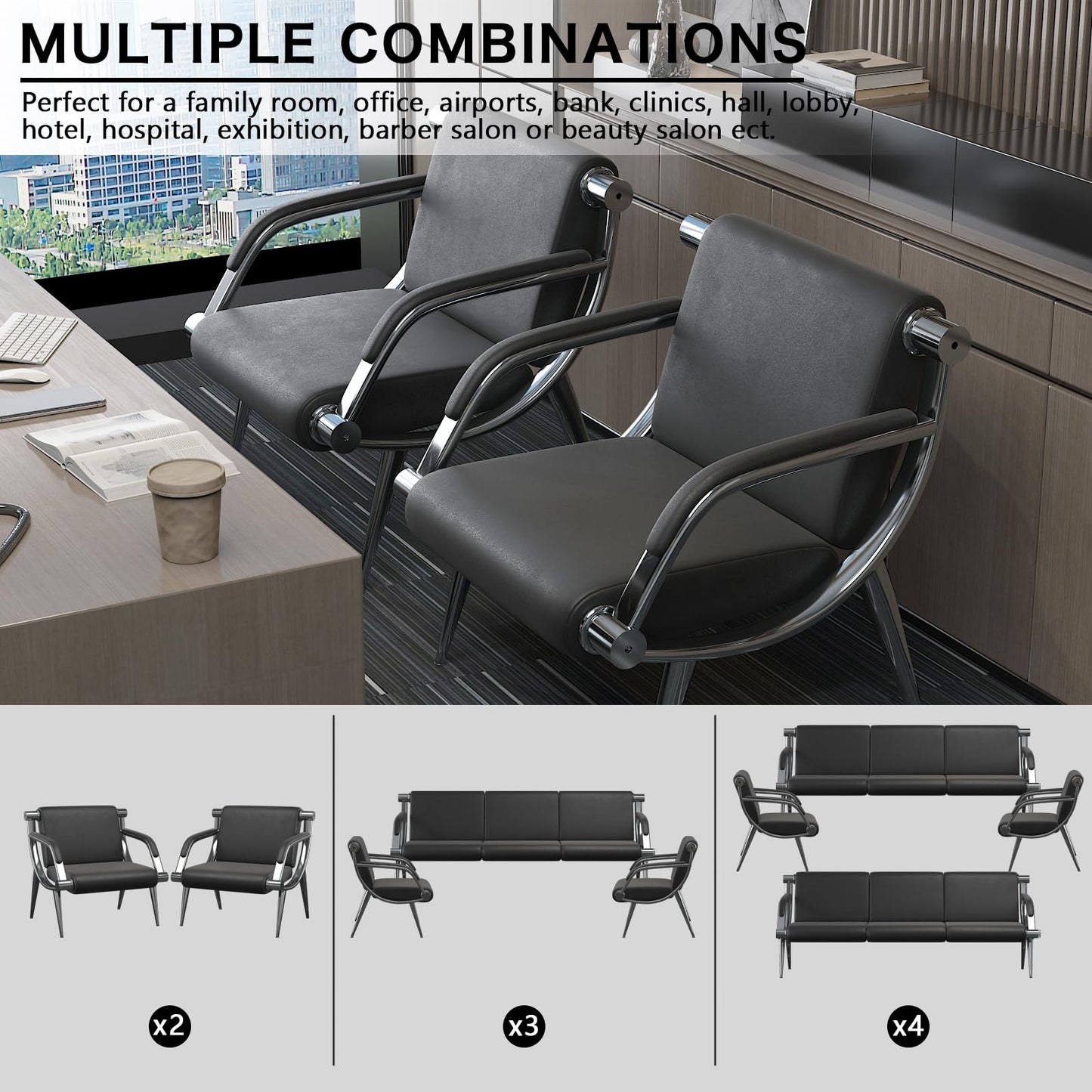 wonline 3 Seat Waiting Room Chair with Armrest PU Leather Office Furniture, Office Guest Seating Lobby Conference Reception Chairs for Airport Clinic Hospital Bank Salon Barber(Black)