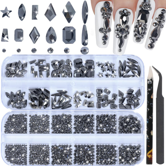 HNUIX Nail Rhinestones - 3D Multi Shape Size, Crystal Mineral Gray Nail Gems, Flat Back, with Kit, for Nail Art, DIY Decorations
