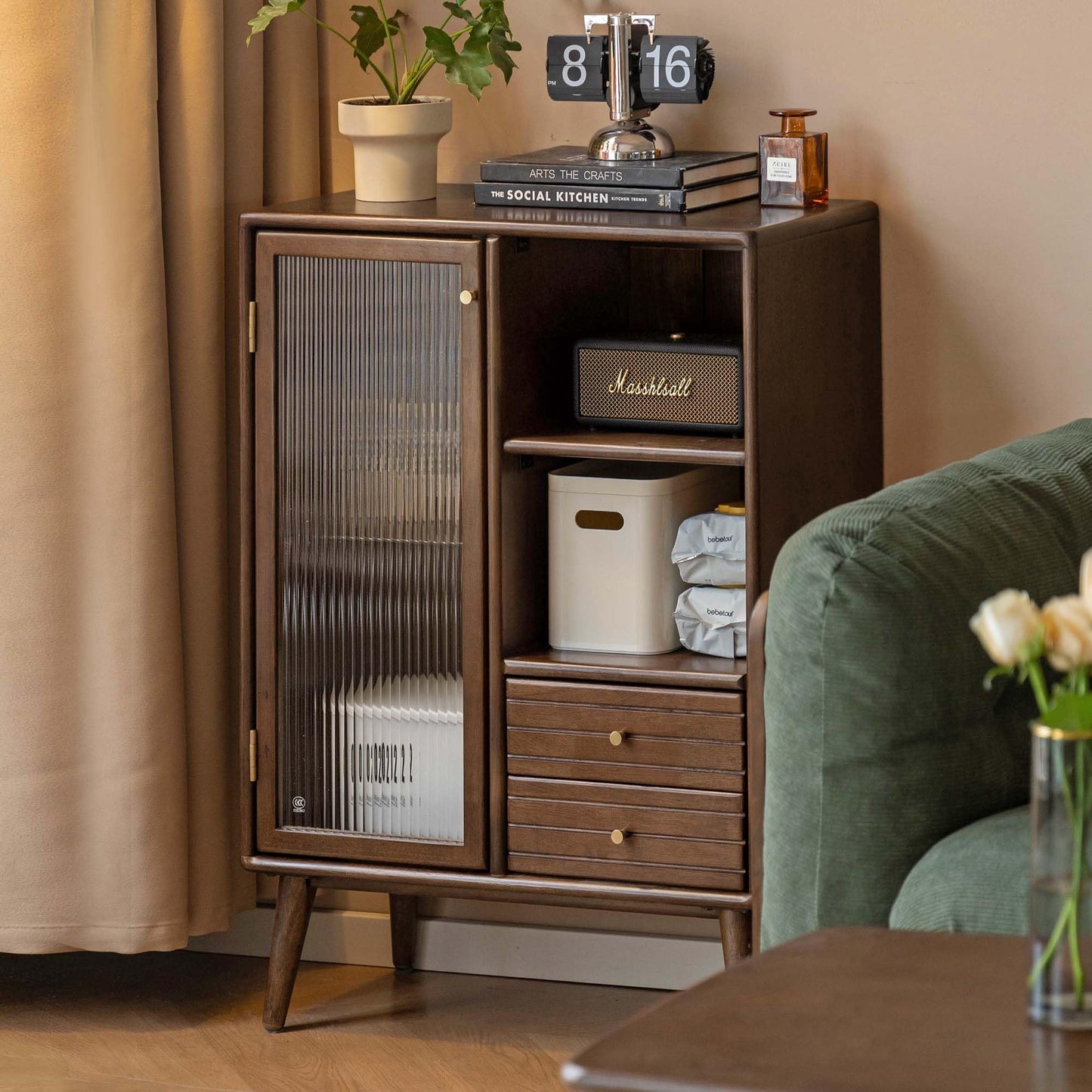 Wayshome Sideboard Buffet Cabinet with Storage, 100% Solid Rubberwood Wood Coffee Bar with Glass Door & 2 Drawers, Wooden Kitchen Display Cabinet with Adjustable Shelf for Dining Room, Living Room