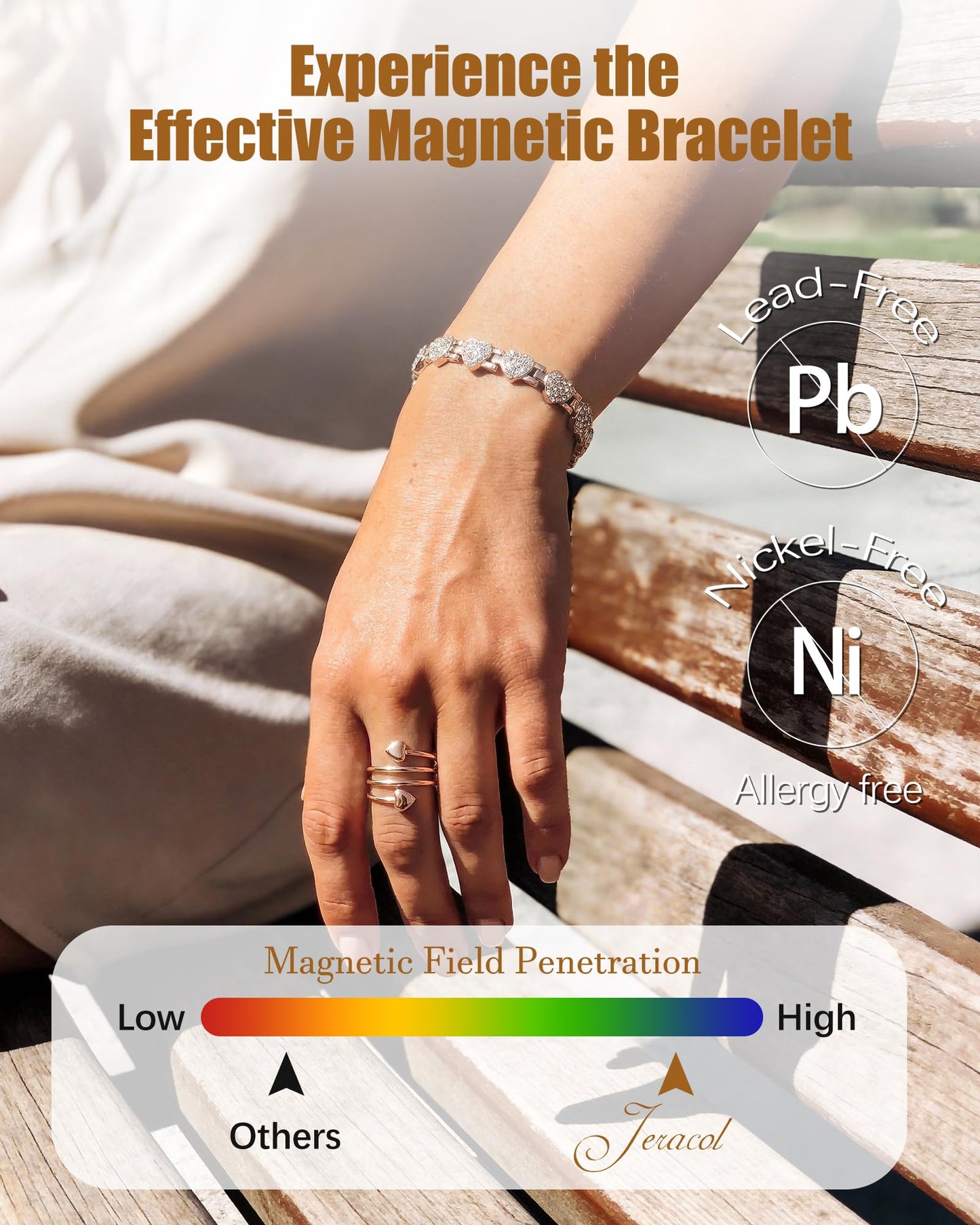 Jeracol Copper Bracelet & Ring for Women, Ultra Strength Magnetic Bracelet with 3800 Gauss Neodymium Magnets, Heart & Crystal Diamonds, Adjustable Tools and Jewelry Gift Box(Rose Gold)