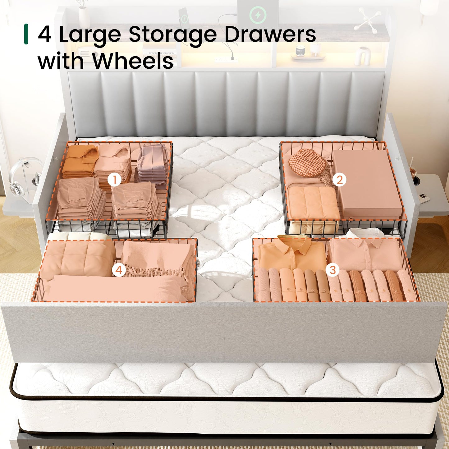 BRELTAM Queen Bed Frame with Headboard,4 Storage Drawers,and Built-in Adjustable Desk,Charging Station,Easy Assembly,No Box Spring Needed,Light Grey