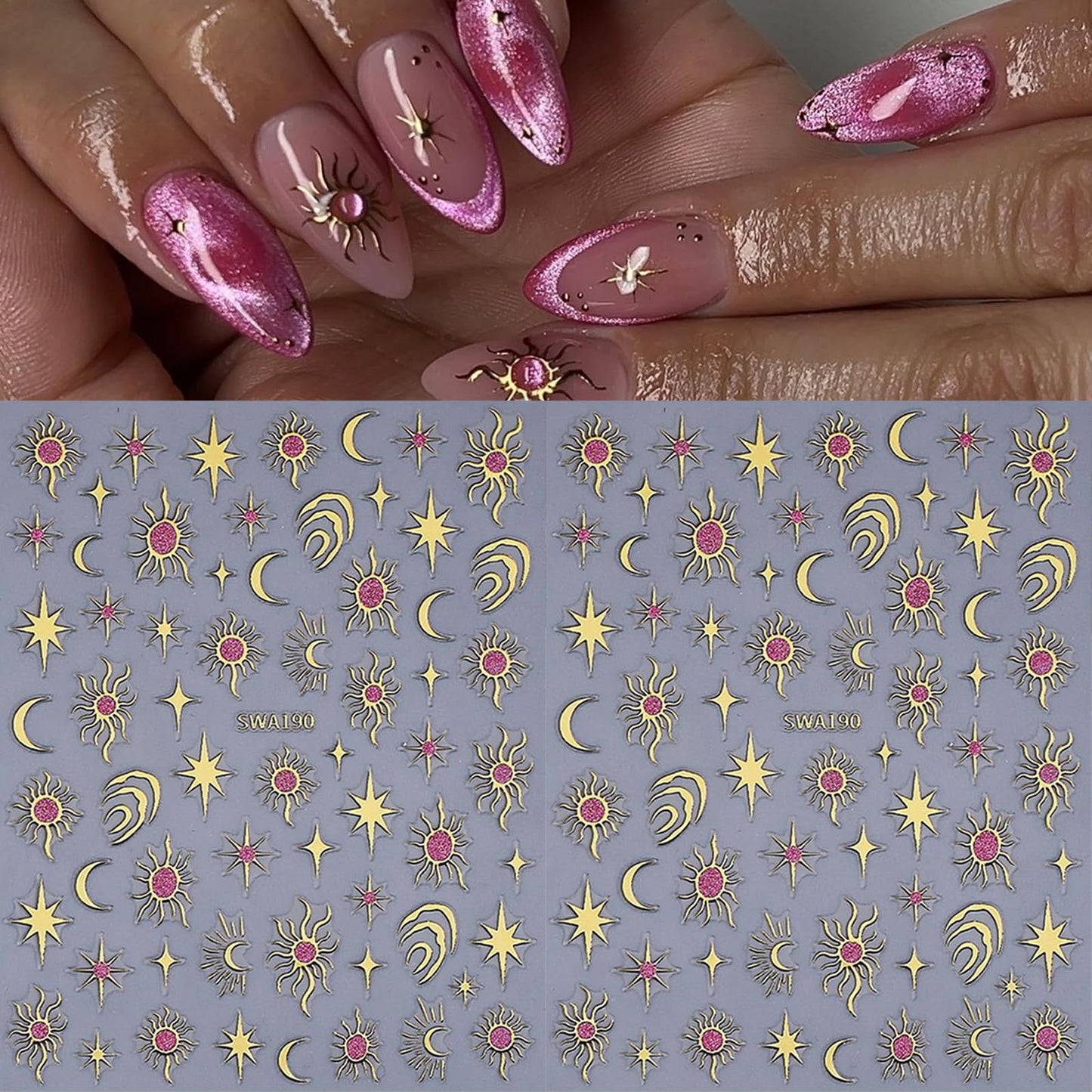 6 Sheet Celestial Nail Art Sticker Moon Star Sun Glitter Design Nail Decals 3D Self-Adhesive Nail Accessories Golden Metallic Nail Supplies Beauty Salon Sticker for Women DIY Manicure Nail Decorations